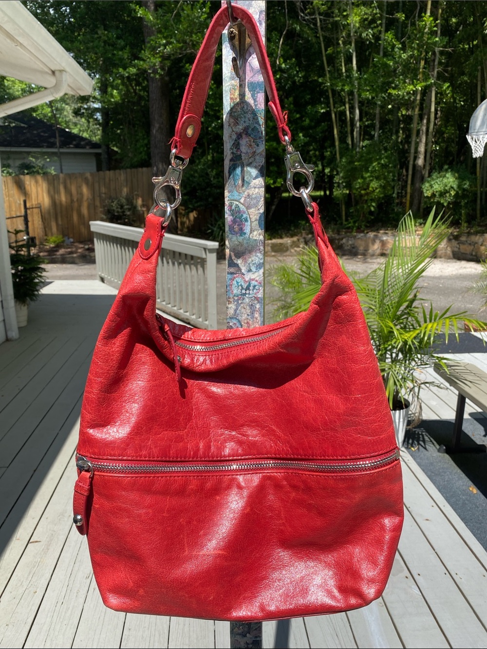 HOBO Red Leather Hobo Bag with Front Zip Pocket